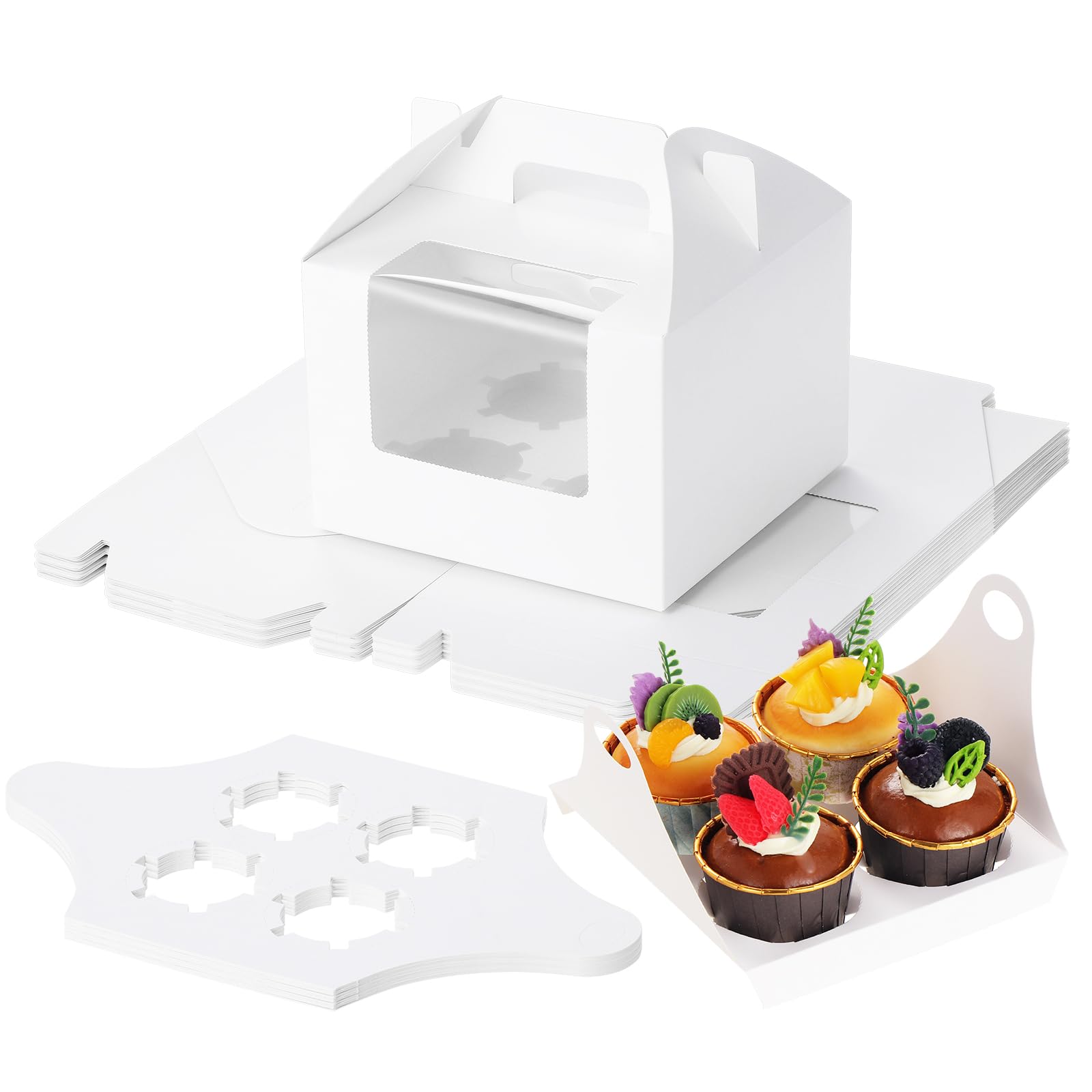 Coolty 25pcs Cupcake Boxes 4 Holes Cardboard Packaging Boxes Bakery Pastry Boxes with Handle for Cookies Muffins Cupcakes Desserts Pies (White)