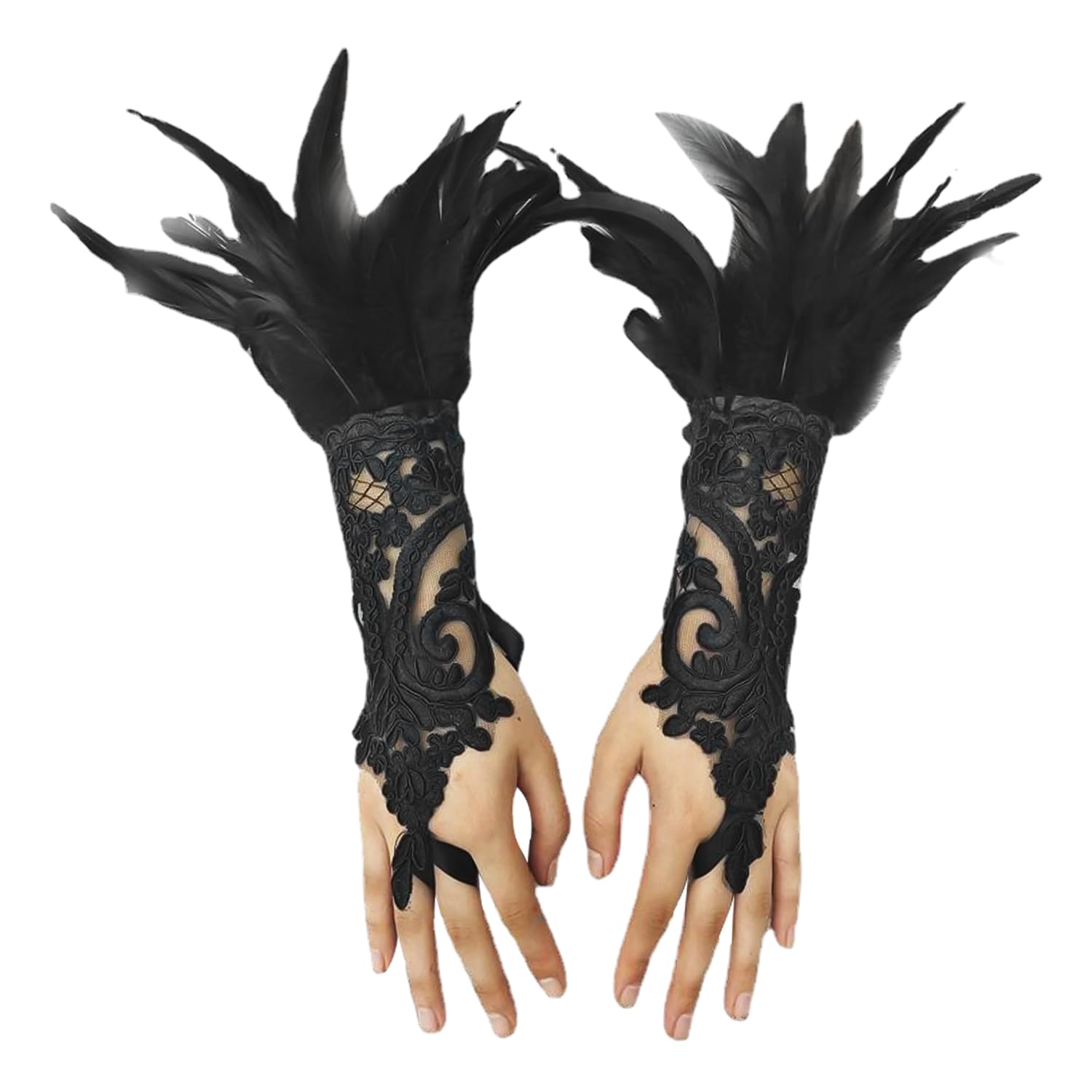 DUINIU Black Lace Fingerless Gloves, Mesh Feather, Swan Long Gloves - Evening, Prom, Cosplay, Party