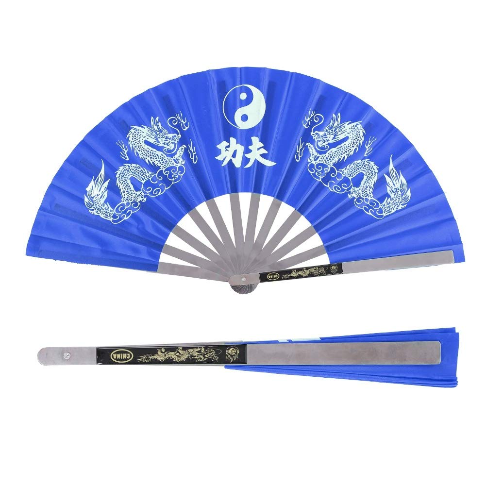 Nikou Tai Chi Fan, Stainless Steel Chinese Kung Fu Tai Chi Hand Folding Fan Arts Dance Practice Training Performance Fan for Men/Women (Color : Blue)