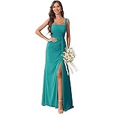 Wchecalino Women's Suqare Neck Chiffon Bridesmaid Dresses Long Pleated Formal Dress with Slit
