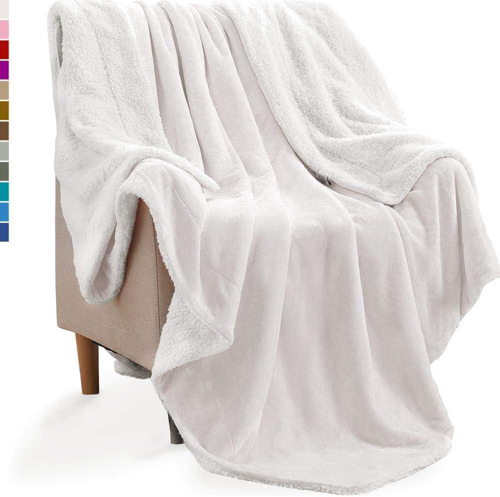 KAWAHOME Sherpa Fleece Blanket Super Soft Extra Warm Thick Winter Blanket for Couch Sofa Bed Queen Size 90 X 90 Inches White