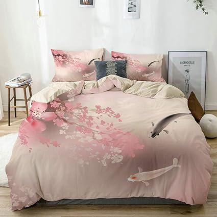 Kasmiln Beige Parure De Lit Sakura Blossom Au Japon Avec Une Creature Sacree Culture Asiatique Lovely Nature Orient 1 Housse De Couette 200x200cm 2 Taies D Oreillers 63x63cm Amazon Fr Cuisine Maison