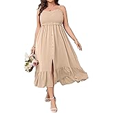 SCOMCHIC Womens Plus Size Summer Dresses Sleeveless Spaghetti Strap Button Down Smocked Beach Long Maxi Dress with Slit