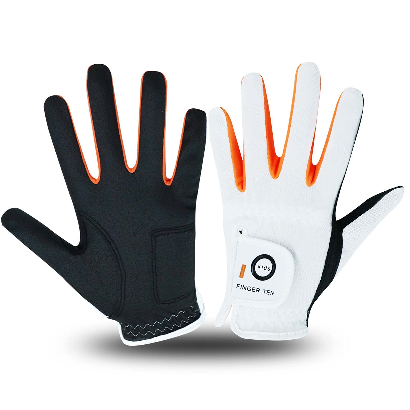 FINGER TEN Golf Gloves Kids All Weather Soft for Left and Right Hand Rain Grip Breathable Value Pair, Golf Gloves for Girls Boys Wear-Resistant Non Slip Comfortable (White/Black, Medium)