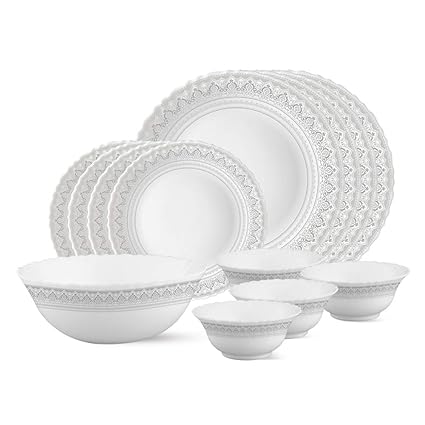 Larah by Borosil Classic Opalware Dinner Set, 13-Pieces, White