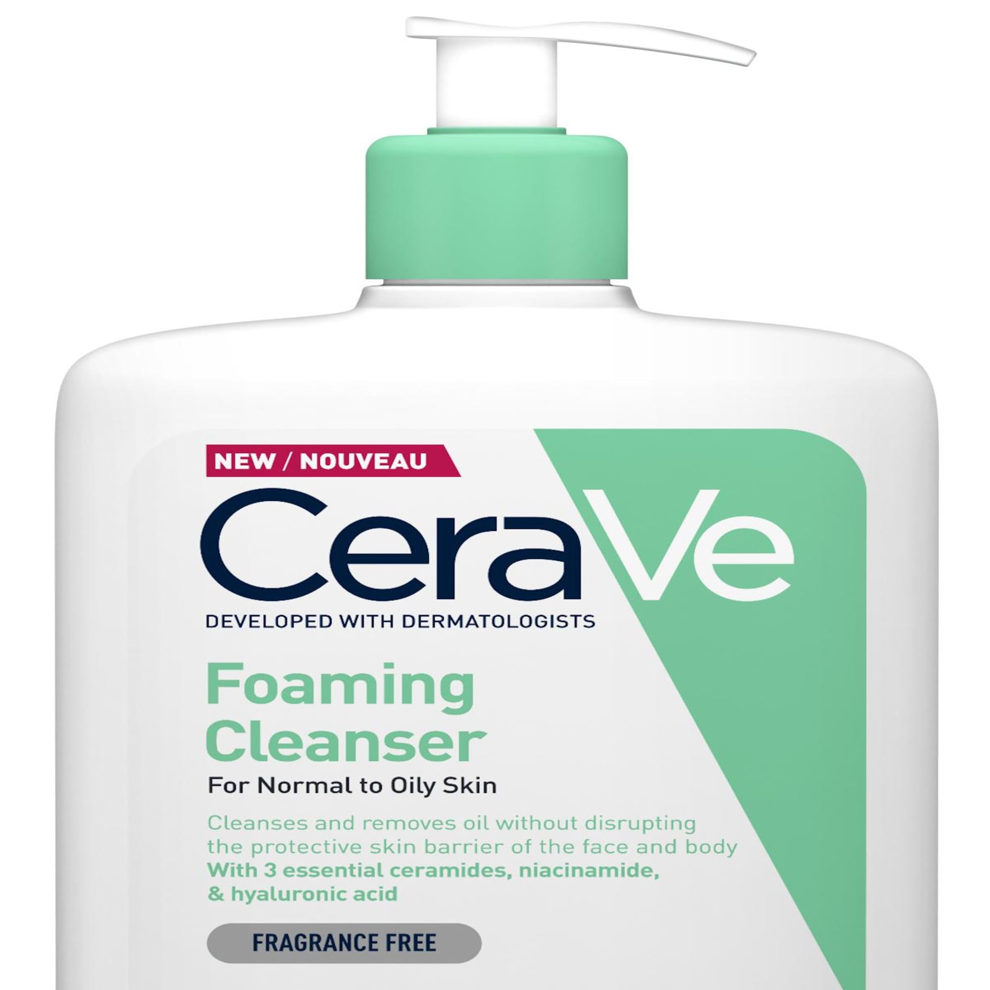 CeraVe Foaming Cleanser With 3 Essential Ceramides, Niacinamide, & Hyaluronic Acid, Gel Formula for Normal to Oily Skin, Face & Body Cleanser, Dermatologist Developed, 1L