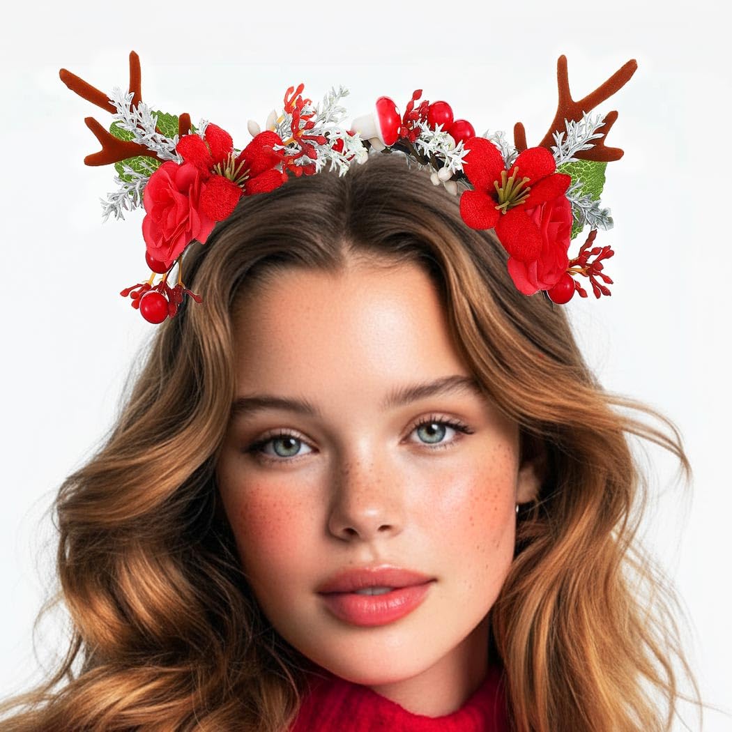 Vakkery Christmas Headband Reindeer Antler Hair Band Flower Christmas Hair Accessories for Women(A)