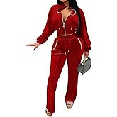 Adogirl Women 2 Piece Outfits Velour Sweatsuit Jogging Suit Full Zipper Sweatshirt + Wide Leg Sweatpants Tracksuit Lounge Set