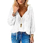 Akivide Mesh Lace Tops for Women,Fall Trendy Dressy Casual Blouse Boho Lace Tie Front Long Sleeve Cute Tunic Shirt