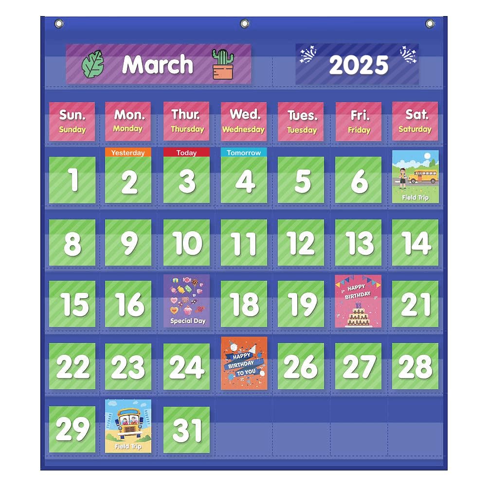 Photo 1 of EAMAY Classroom Monthly Calendar Pocket Chart with 71 Cards for Kids Learning for Home,Blue