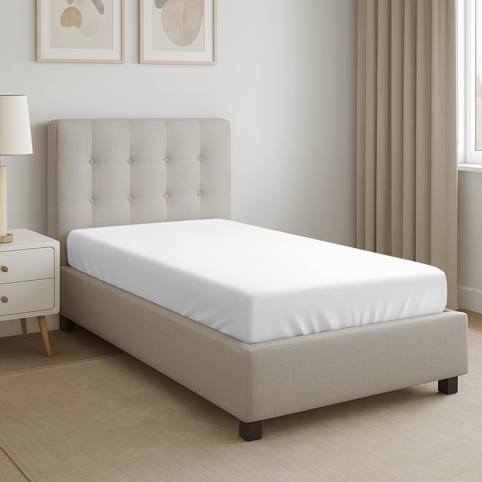 Pizuna 100% Cotton Single Fitted Sheet White, 400 Thread Count Long Staple Cotton Single Fitted Sheet 90x200 cm, Sateen Weave 40 cm Deep Pocket Fitted Sheet 1 PC White