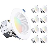 TORCHSTAR 8-Pack 5CCT 4 Inch LED Integrated Canless LED Recessed Lighting with J-Box, Anti-Glare Deep Baffle, CRI90 Dimmable Ceiling Downlight, ETL Air Tight IC Rated, 2700K3000K3500K4000K5000K