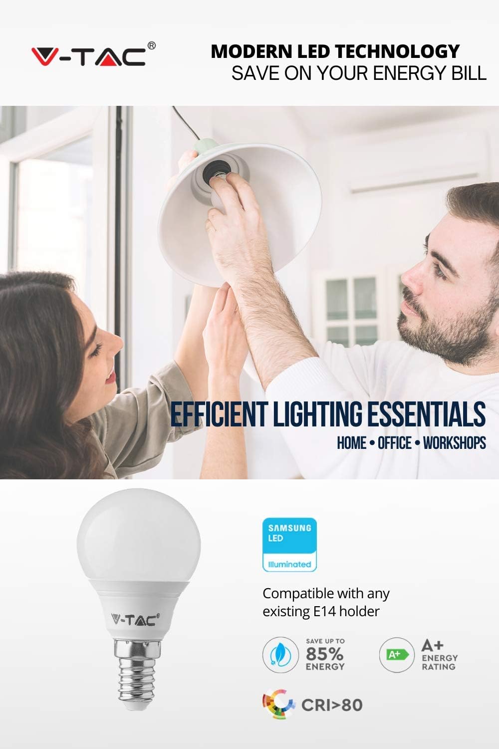 VTAC E14 LED Light Bulb, Small Screw Light Bulb, 5.5W 470lm, 40W Equivalent SES, Warm White 3000K Golf Ball - Image 4