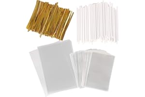 HRX PACKAGE 100pcs Small Cake Pop Bags with 100pcs Paper Lollipop Sticks and 110pcs Gold Twist Ties, Clear Cellophane Treat Wrappers and Sucker Sticks Kit