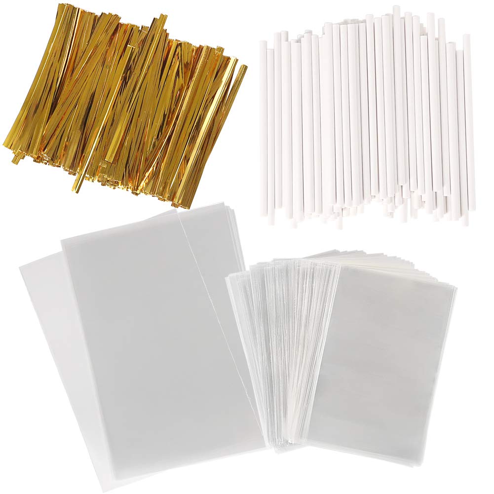 320pcs Cake Pop Sticks and Bags Kit, 100pcs Lollipop Sticks with 110pcs Cellophane Cake Pop Bags and 110pcs Gold Twist Ties for Crafts Making Chocolate, Lolly Pop, Cake Pop, Cookie Wrappers