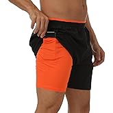 Queday Mens 2 in 1 Black Running Shorts with Liner 5/7 Inch Quick Dry Gym Athletic Workout Shorts with Pockets