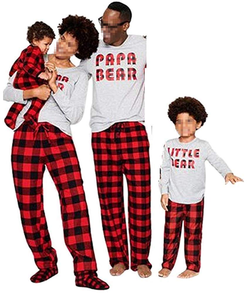 Matching Family Christmas Boys Girls Pajamas Papa Bear Letter Plaid Kids Sleepwear Children Clothes (MOM(L), Grey and Plaid)