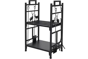 Outvita 2 Tier Firewood Log Rack, Iron Lumber Storage Holder, Wood Pile Stacker Organizer for Indoor Outdoor Fireplace Fire Stove Pit With 4 Fire Tools Hanging Hooks Christmas Elements Black