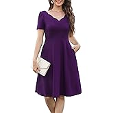 Women's Elegant Vintage 50s Scallop Trim V-Neck Casual Work Dress Swing A Line Cocktail Party Dresses with Pockets 755