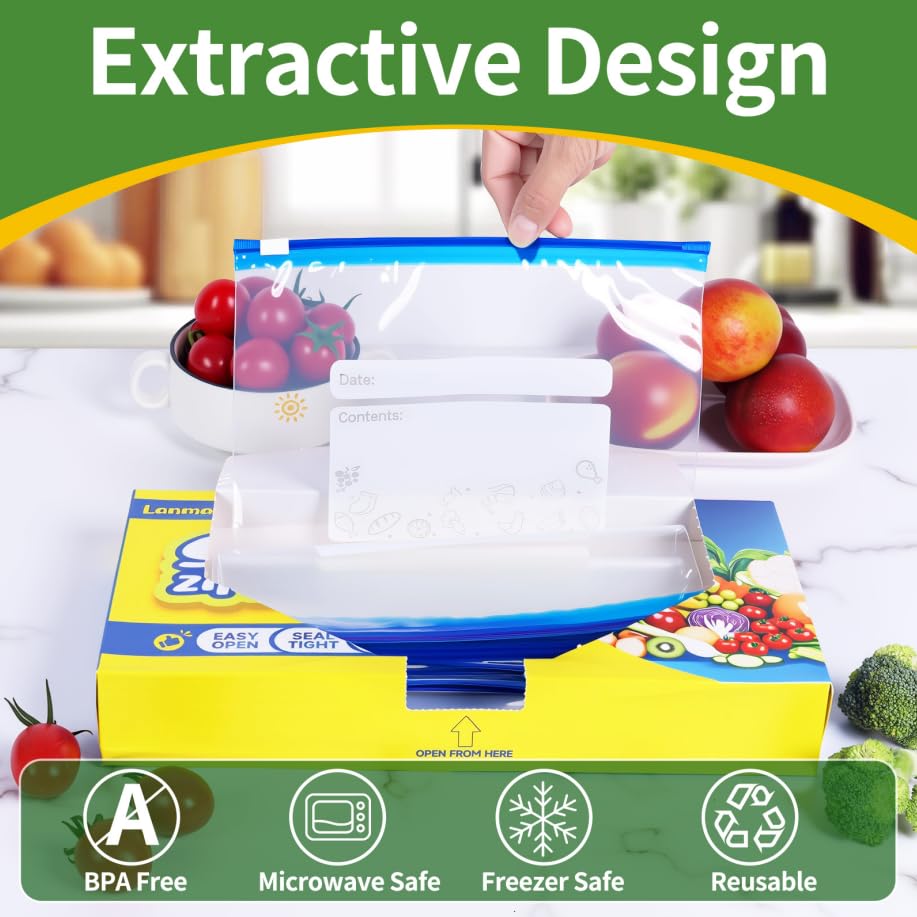 50 Pack Reusable Freezer Bags 3 Sizes (1L, 2.25L, 4.55L) for Batch Baking, Fruit, Vegetable, Meat, Snacks, BPA Free Sandwich Bags with Zipper and Bottom
