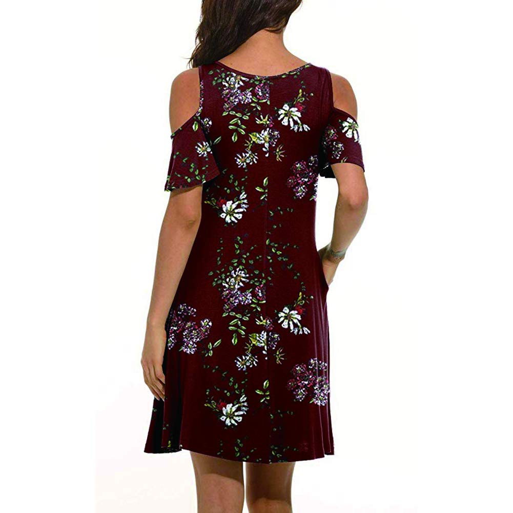 Donnalla Women\'s Summer Cold Shoulder midi Dress Tunic Top Swing T-Shirt Loose Dress with Pockets(Wine Red Floral Large)