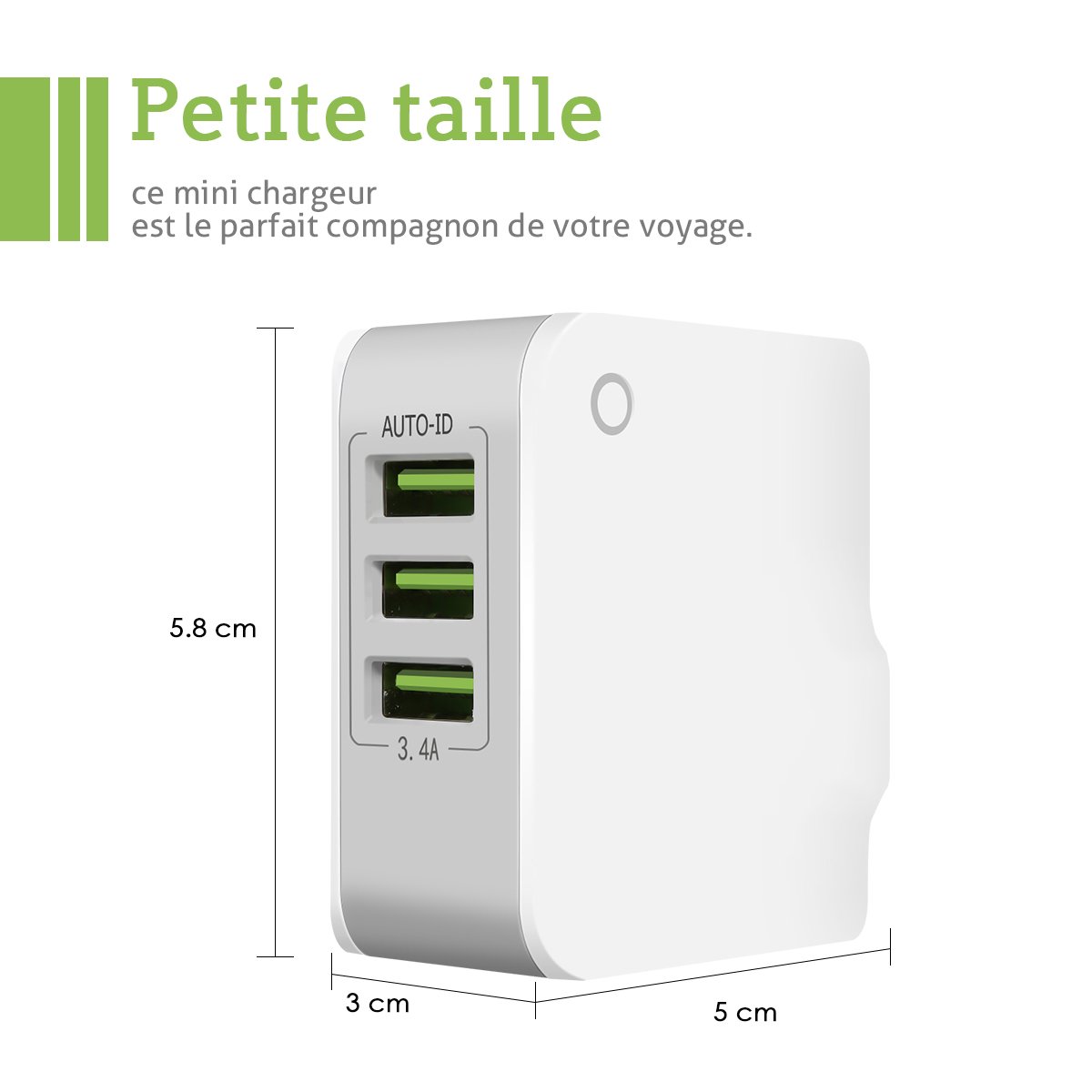 SAWAKE Chargeur Secteur USB 3 Ports Prise de Chargeur Universel 5V/ 3.4A Mural pour iPhone X/8/8 Plus, iPod, iPad Air/Pro, Samsung, HTC, LG, Huawei, Nexus, Honor, Sony et Les Autres Smartphones