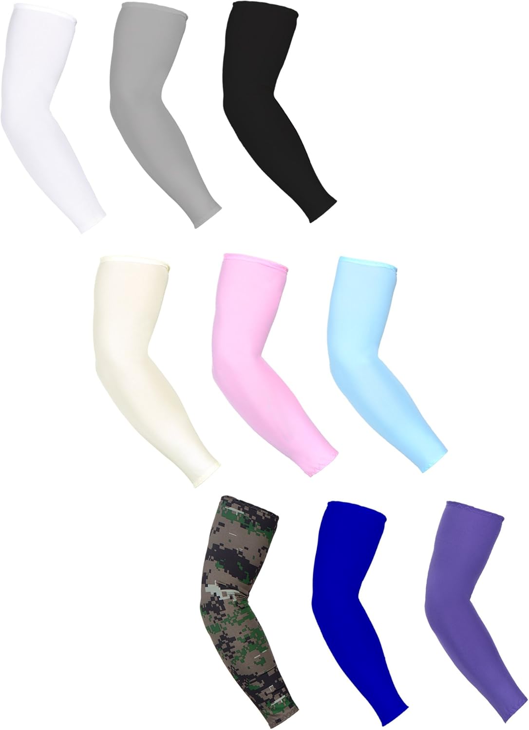 Mudder 9 Pairs Unisex UV Protection Sleeves Arm Cooling Sleeves Ice Silk Arm Sleeves Arm Cover Sleeves (White, Black, Gray, Sky Blue, Pink, Purple, Royal Blue, Camouflage, Yellow): Clothing