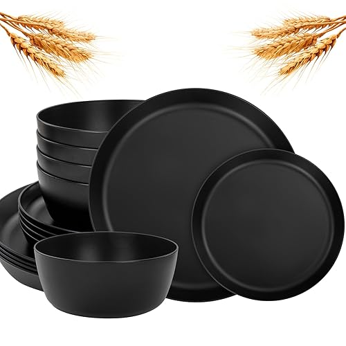 EI 12pcs Wheat Straw Dinnerware Set of 4,Plates and Bowls Sets