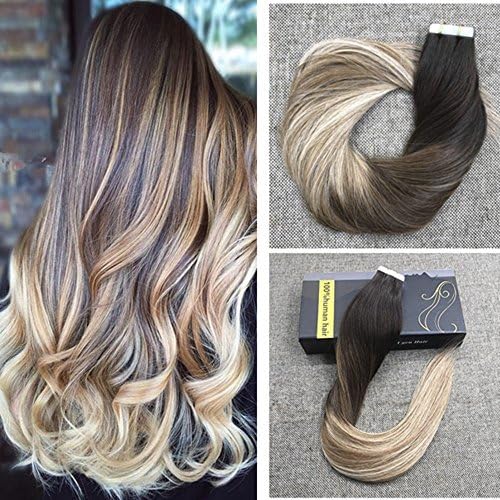 Ugeat 24"50Gram 20PcsPer Package Tape in Hair Extensions Human Hair Balayage Ombre Seamless Skin Weft Real Human Hair Extensions Ombre Color Dark Brown Color Fading to Color Blonde Hair