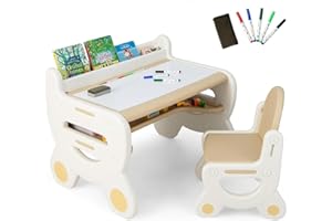 Costzon Kids Table and Chair Set, Plastic Activity Table with Watercolor Pens, Blackboard Eraser & Storage Shelf for Drawing,