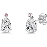 Gem Stone King 14K White Gold DEF Lab Grown Diamond and Pink Lab Grown Diamond Teardrop Stud Earrings for Women | 1.06 Cttw | Gemstone April Birthstone | Pear Shape 7X5MM