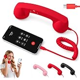 Red Retro Phone Handset Type-C Wired Vintage Receiver with Mic | Built-in Microphone, Volume Control, Coiled Cord, Multiple Colors Available, Retro Style Design