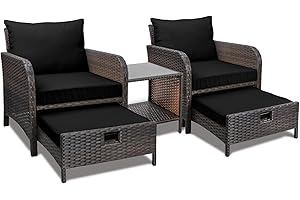 LEVELEVE Balcony Furniture 5 Piece Patio Conversation Set, PE Wicker Rattan Outdoor Lounge Chairs with Soft Cushions 2 Ottoman&Glass Table for Porch, Lawn-Brown Wicker（Black