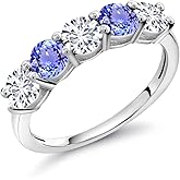 Gem Stone King 925 Sterling Silver White Lab Grown Diamond and Blue Tanzanite Wedding Band Ring For Women (0.87 Cttw, Round 3.5MM, Gemstone April Birthstone)