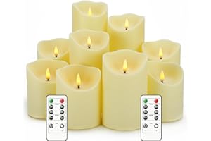 Nimiko Flameless Candles with Remote, Battery Operated Flickering Flameless Candles, LED Candles with Timer 2/4/6/8H, with Realistic LED Candles Set of 9 (D3 x H 3" 4" 5" 6" 7") (Ivory)