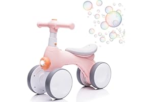 JOYRYDZ Baby Balance Bike 1 Year Old with Music, Lights, Bubble Machine, 4 Wheels Pedal-Less Toddler Ride on Toys for 12-36 Months Birthday Gift, Toddler boy Toys Ride on car (Pink&Yellow)