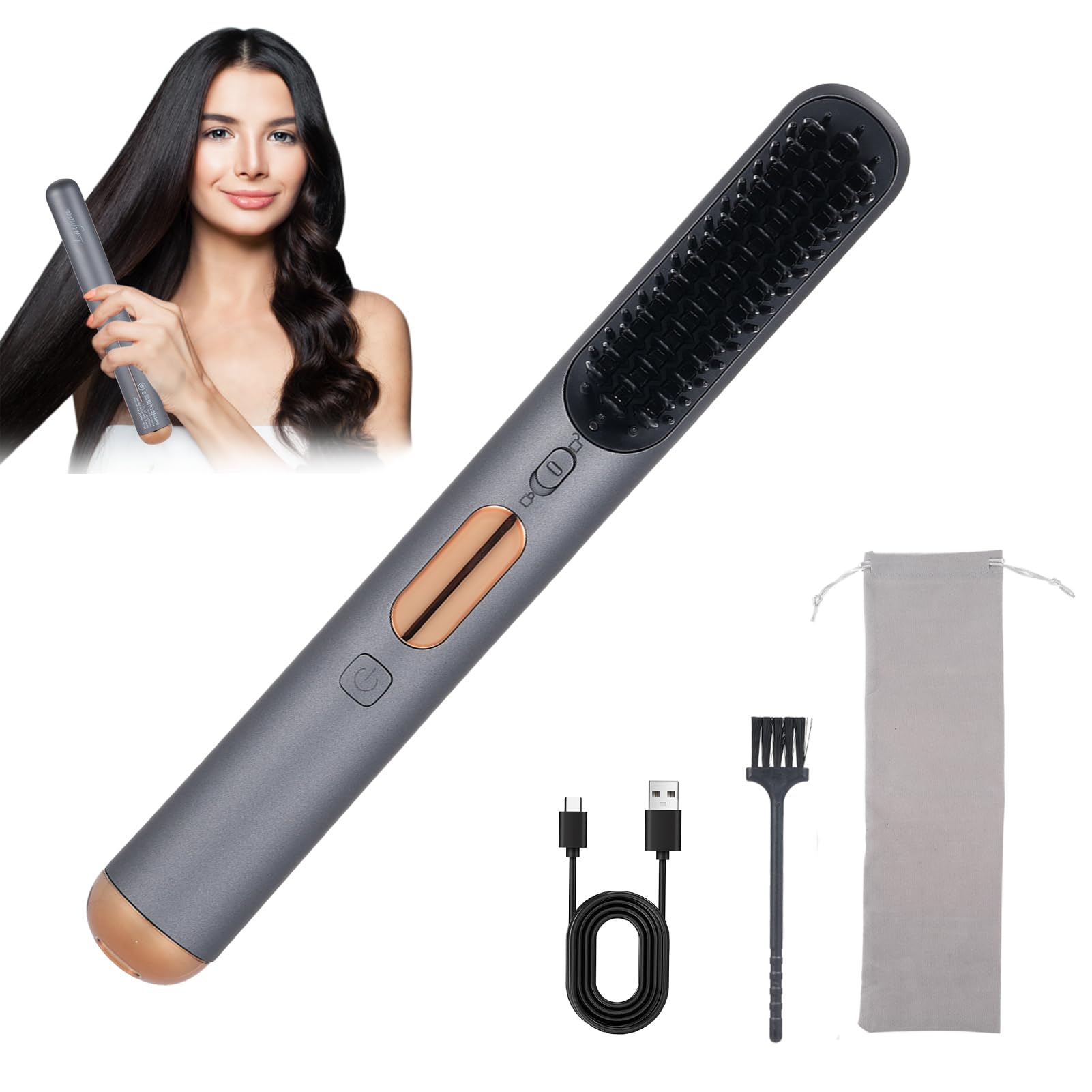 2x4500mAh Cordless Hair Straightener Brush, Negative Ion Technology Frizz Reducing Portable Hair Straighteners, 3 Temperature Adjustable Travel Straightener 20min Auto Shut-Off Hot Comb, Type-C Charge