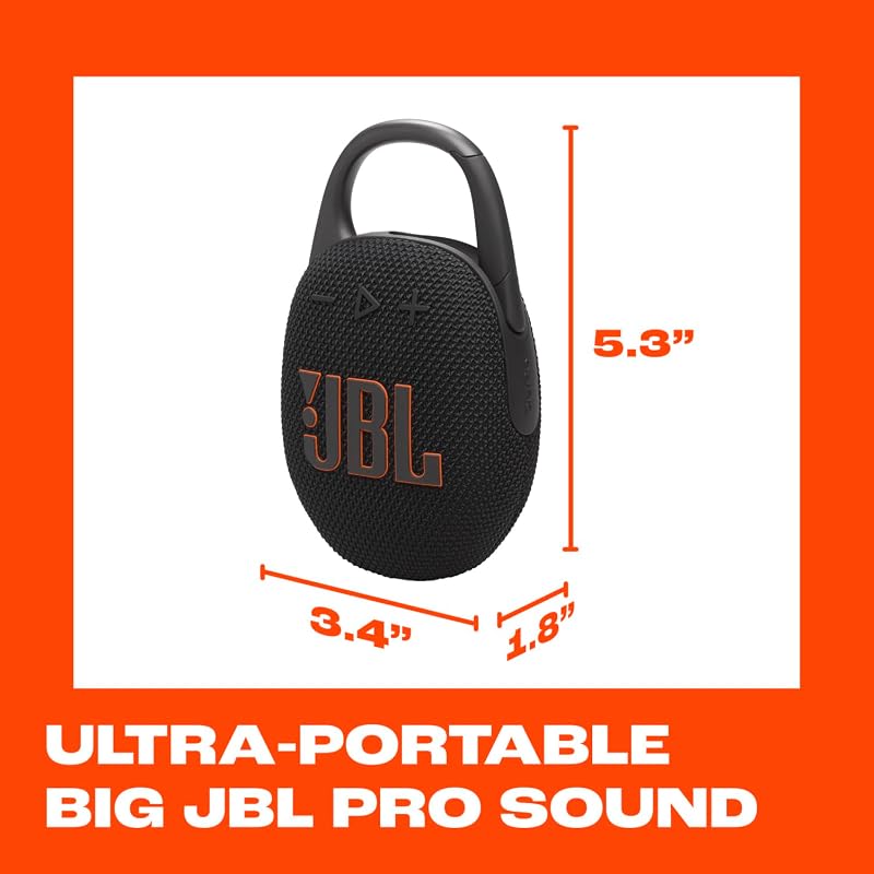 Clip 5, Enceinte Bluetooth Ultra-Portable, Mousqueton intégré, Son JBL Pro, Basses percutantes, 12 Heures d'autonomie, Fonction Playtime Boost, résistante à l'eau et à la poussière IP67, en Noir