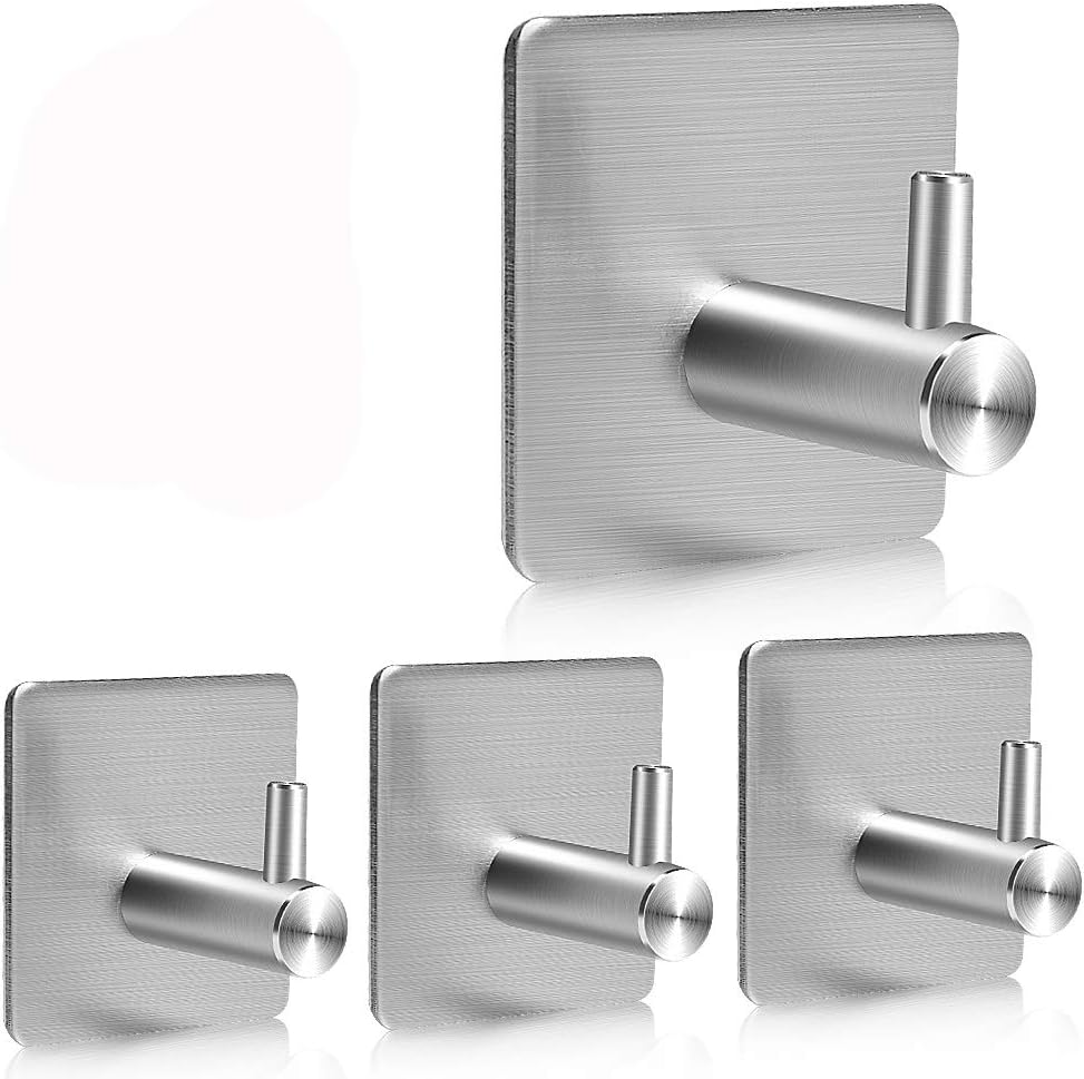 Adhesive Hooks, YAKAON [4 Pack] Heavy Duty Durable 304 Stainless Steel Wall Hangers, Waterproof Rustproof Oil Proof for Kitchen, Bathrooms, Doors, Office, Closet-Silver