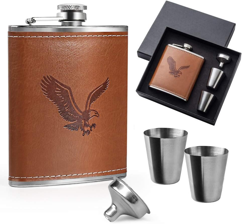 KWANITHINK Hip Flask Gift Set, Stainless Steel Leather Hip Flasks 7oz with 2 Cups & Funnel, Whiskey Flask Pocket Flask for Men Gift for Father's Day
