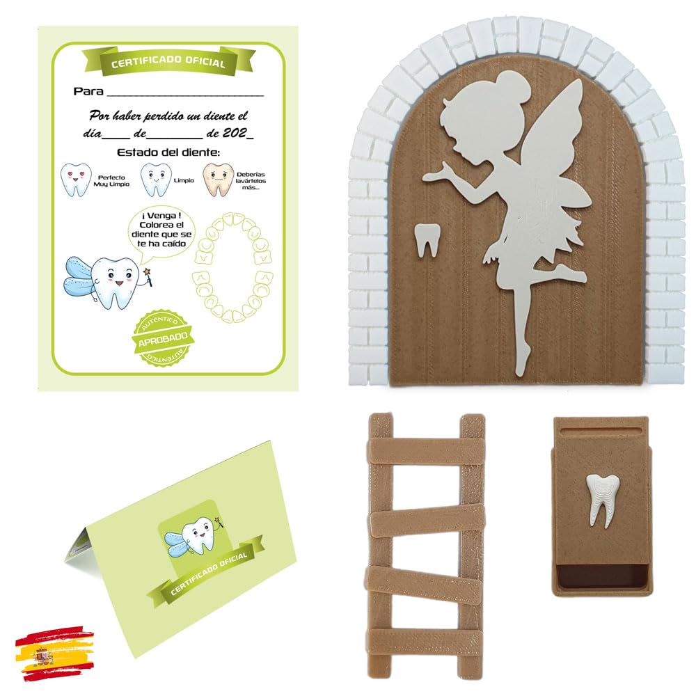 MFS MYFUTURSHOP Myfuturshop® Tooth Fairy Magic Door + Tooth Box + Ladder + 4 Clean Tooth Certificates Original Gift for Boys and Girls (Light Brown)