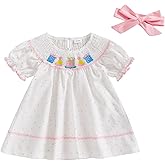 Doqcey Toddler Baby Girl Birthday Outfit Cake Embroidery Smocked Dress Short Sleeve Princess Party Dresses Summer Clothes