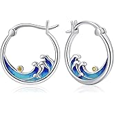 Twoowl Ocean Wave Huggie Hoop Earrings S925 Sterling Silver Sea Small Cartilage Hoop Earrings Hypoallergenic Beach Opal Jewelry Birthday Gifts for Women
