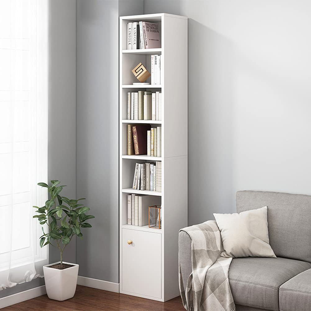 Photo 1 of IOTXY Small Narrow Corner Bookcase - 71 Inches Tall Gap Freestanding Storage Cabinet, 7 Lattices Open Shelves Tower Rack with Door, Cubes Bookshelf in White