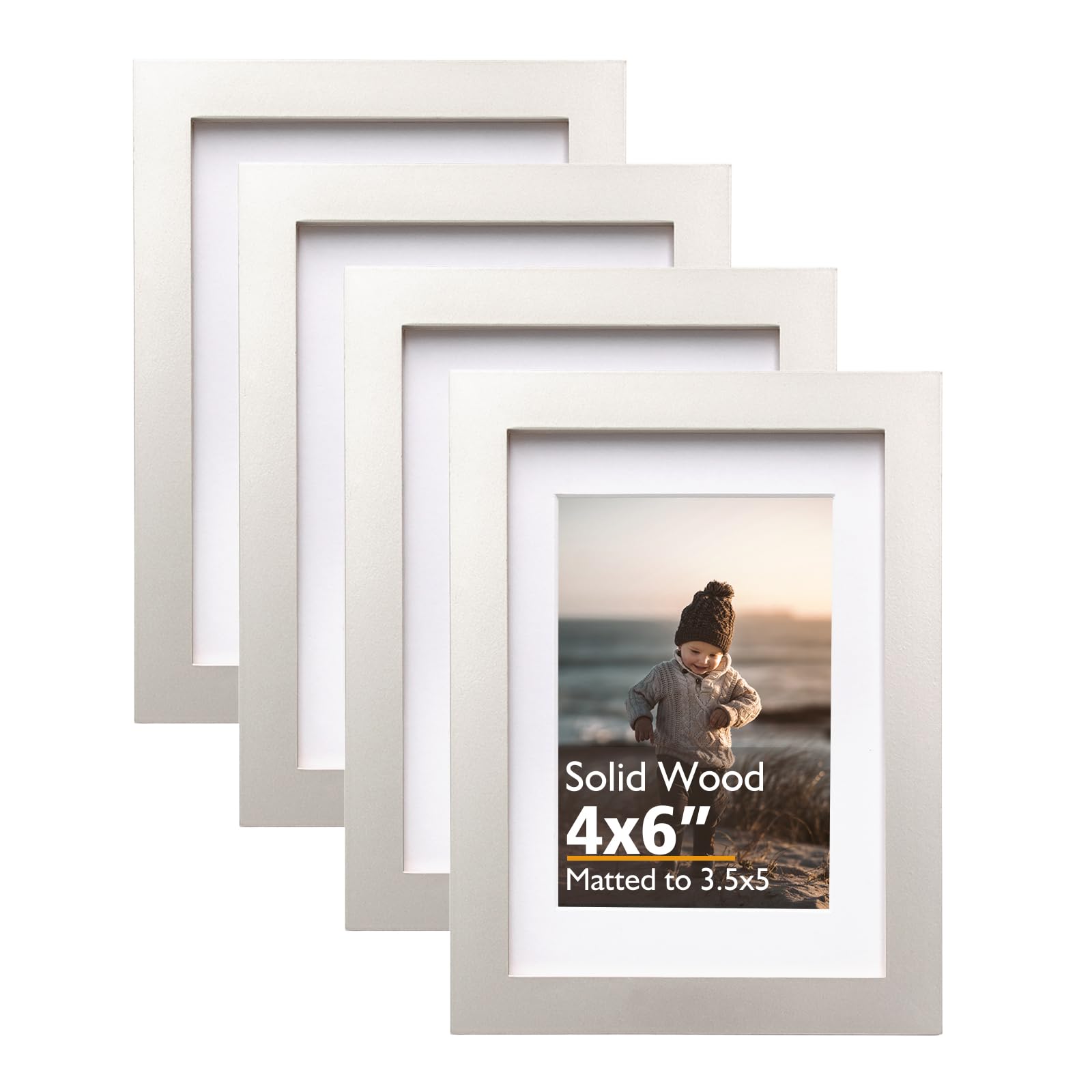 KINLINK 6x4 Picture Frames Light Grey, Wood Frames with Acrylic Plexiglass for Pictures 5x3.5 with Mat or 6x4 without Mat, Tabletop and Wall Mounting Display, Set of 4