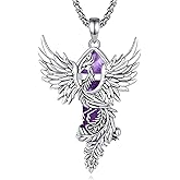 Vito Silver Plated Copper Phoenix Necklace for Women Men, Obsidian Turquoise Amethyst Phoenix Pendant Hexagonal Prism Crystal Protection Energy Amulet Jewelry Gift for Mom Wife, 22“/24”