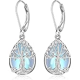 Tree of Life Earrings Moonstone Earrings for Women Sterling Silver 925 Teardrop Moonstone Family Tree Leverback Dangle Jewelry Christmas Valentines Gifts