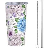Dujiea 20oz Tumbler With Lid And Straw, Hydrangea Flowers Butterfly Vacuum Insulated Iced Coffee Mug Reusable Travel Cup Stainless Steel Water Bottle