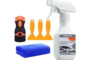 SHIELDOM Adhesive Remover Spray Surface Safe Sticker Removal Rapidly Removes Glue Remains Labels Decals Chewing Gum Residue Tape Remover Set of Plastic Razor Blade Scraper, 3X Spatula & Towel - 8.45oz