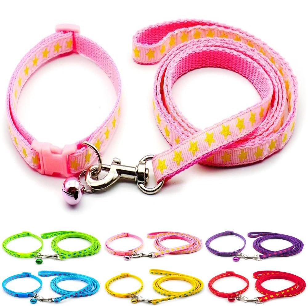 Small Dog Puppy Pet Collar and Lead Set Star Design Nylon Adjustable Size 19-32cm Collar with Bell and 120cm Leash Pink